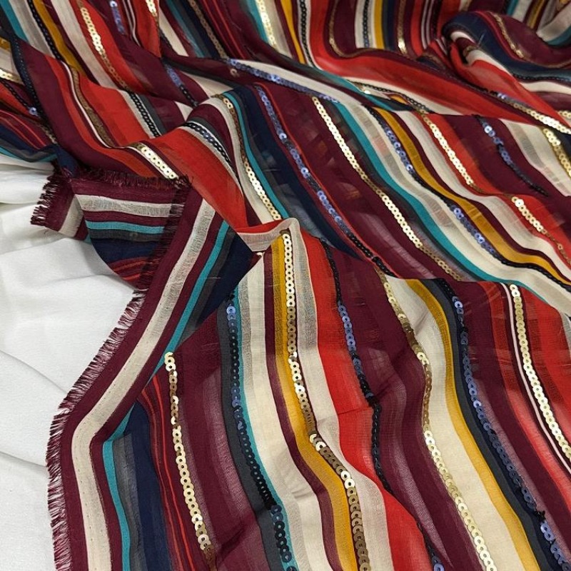 Crystal Mesh Fabric - ผ้าปักลายทางหลากสีประดับเลื่อม สไตล์ชาติพันธุ์ สำหรับตัดเย็บเสื้อผ้าแฟชั่น ผ้าสำหรับงาน DIY
