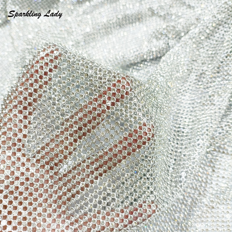 Crystal Mesh Fabric - ผ้าตาข่ายโลหะประดับคริสตัลอะลูมิเนียม 3 มม. แฟชั่น ประดับด้วยเม็ดคริสตัล สำหรับเสื้อผ้าผู้หญิง