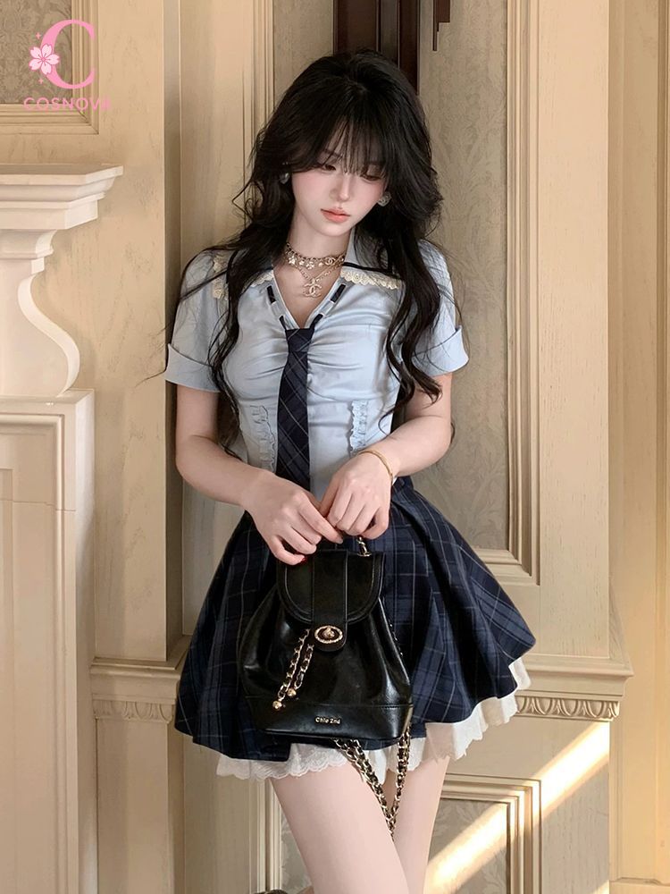 Elastic Lace Trim - ชุดเซ็ต 2 ชิ้น สไตล์ Preppy Y2K