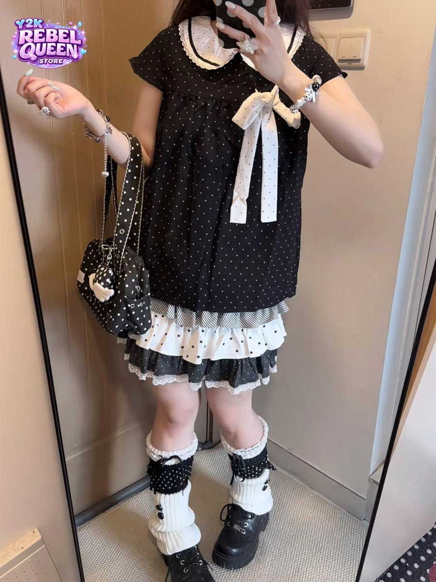 Elastic Lace Trim - ชุดเซ็ต 2 ชิ้นสไตล์ Y2K คาวาอี้ ลายจุดญี่ปุ่น