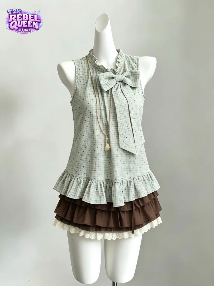 Elastic Lace Trim - ชุดเซ็ต 2 ชิ้น สไตล์วินเทจญี่ปุ่นสำหรับผู้หญิง เสื้อครอปผ้าลายสก็อตแต่งโบว์ระบาย +
