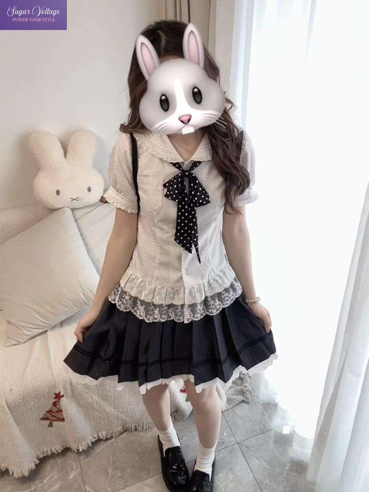 Elastic Lace Trim - ชุดเซ็ต 2 ชิ้น สไตล์หวานซ่อนเปรี้ยวสำหรับผู้หญิง เสื้อคอปีเตอร์แพนผูกโบว์ แต่งขอบลูกไม้
